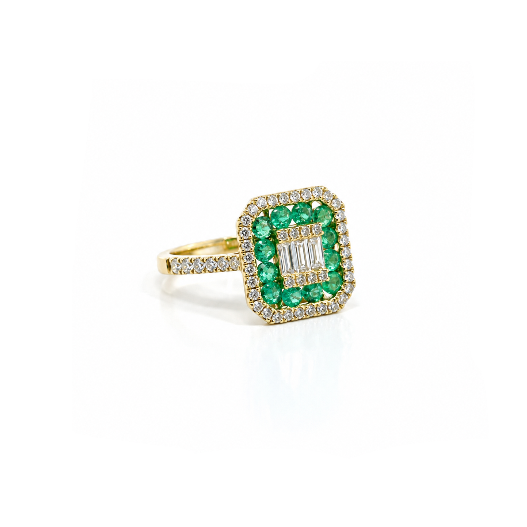 Anillo Esmeralda Halo Diamantes Oro Amarillo 18 kt