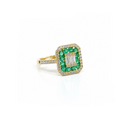 Anillo Esmeralda Halo Diamantes Oro Amarillo 18 kt