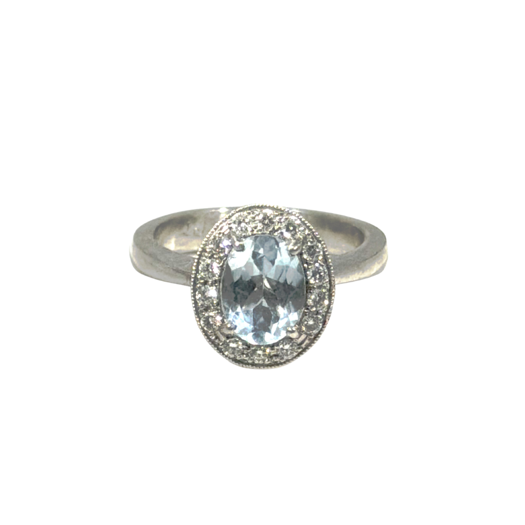 Anillo Halo Aguamarina Platino